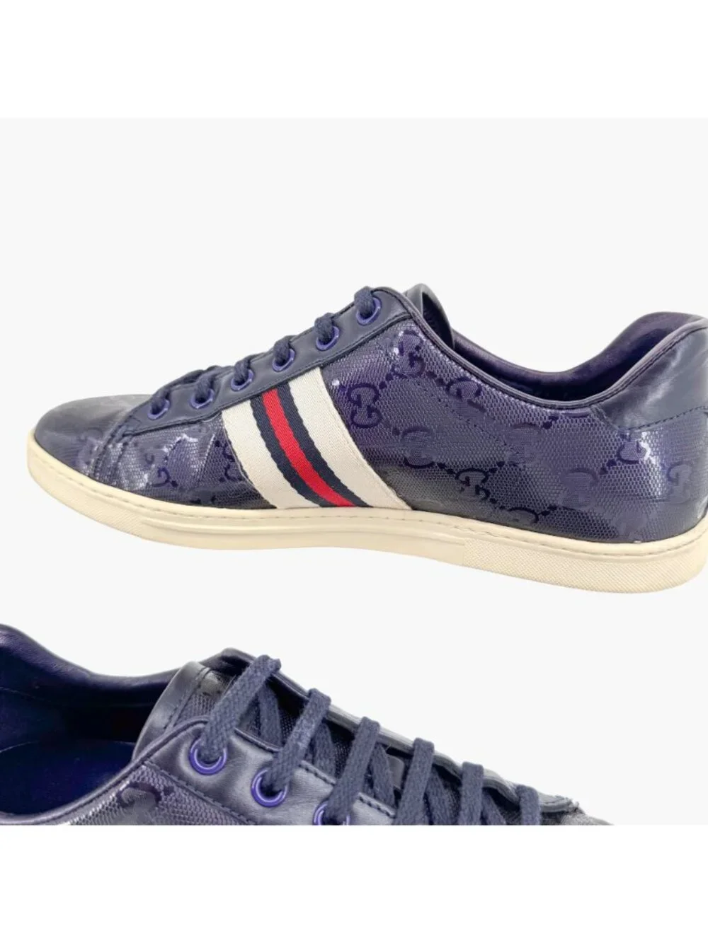 Gucci Low Top Sneakers EU 37 US 7 Navy Blue GG Monogram Impreme Logo Ace Shoe